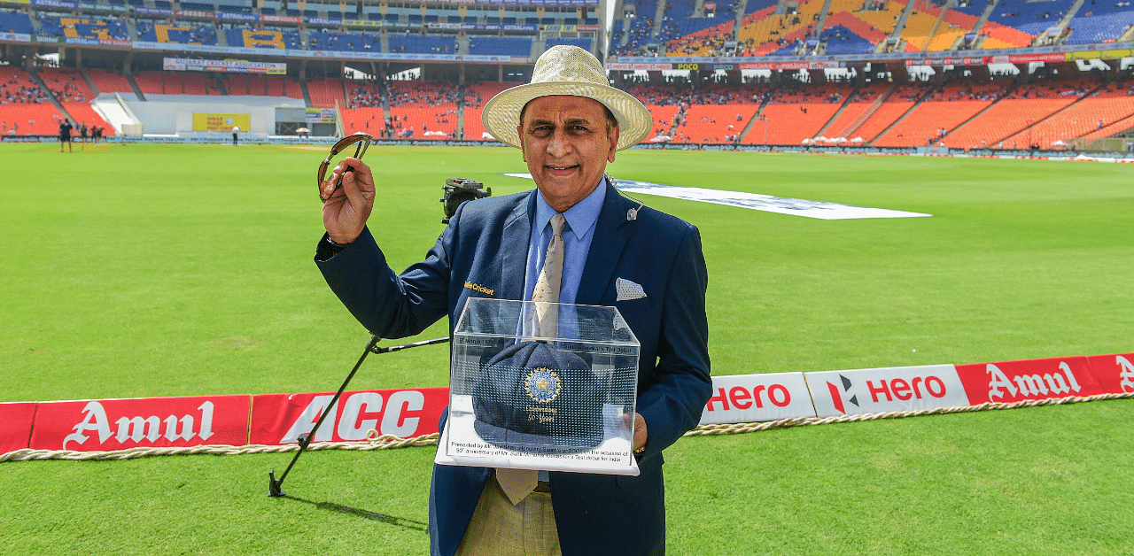 Cricket legend Sunil Gavaskar poses for photographs after being felicitated by the BCCI on 50th anniversary of his Test debut. Credit: PTI Photo