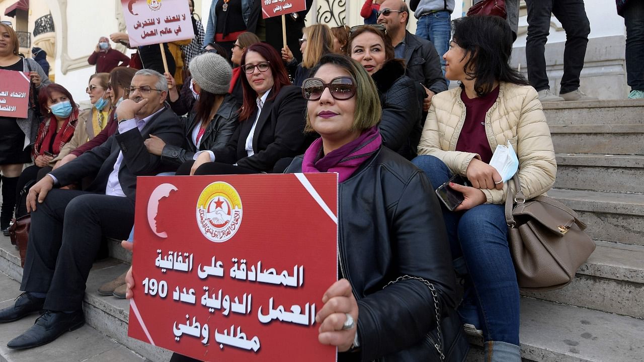 Tunisian women demonstrate on March 6, 2021 in Tunis against violence against women. Credit: AFP Photo