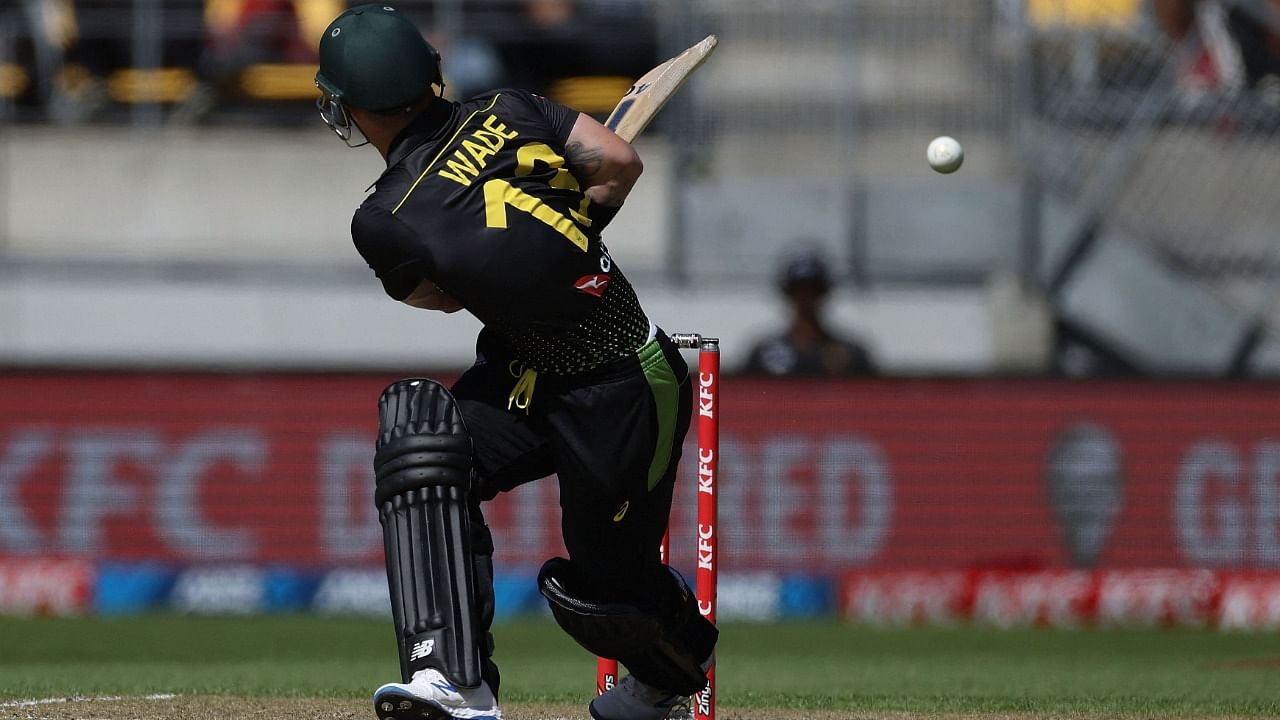 Australia's Matthew Wade plays a shot during the fifth Twenty20 cricket match between New Zealand and Australia in Wellington on March 7, 2021. Credit: AFP Photo