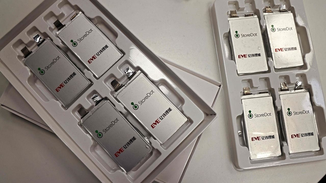 Samples of fast-charging batteries are on display at the Israeli startup StoreDot headquarters in the Israeli coastal city of Herziliya. Credit: AFP Photo