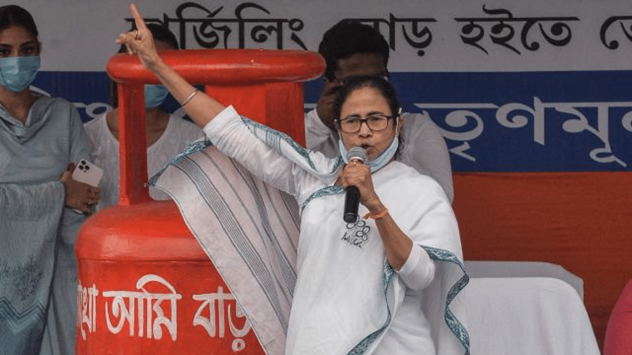 Chief Minister of West Bengal Mamata Banerjee addresses during a protest rally against the rise in prices of petroleum products, in Siliguri on March 7, 2021 ahead of the upcoming West Bengal's legislative assembly elections. Credit: AFP Photo