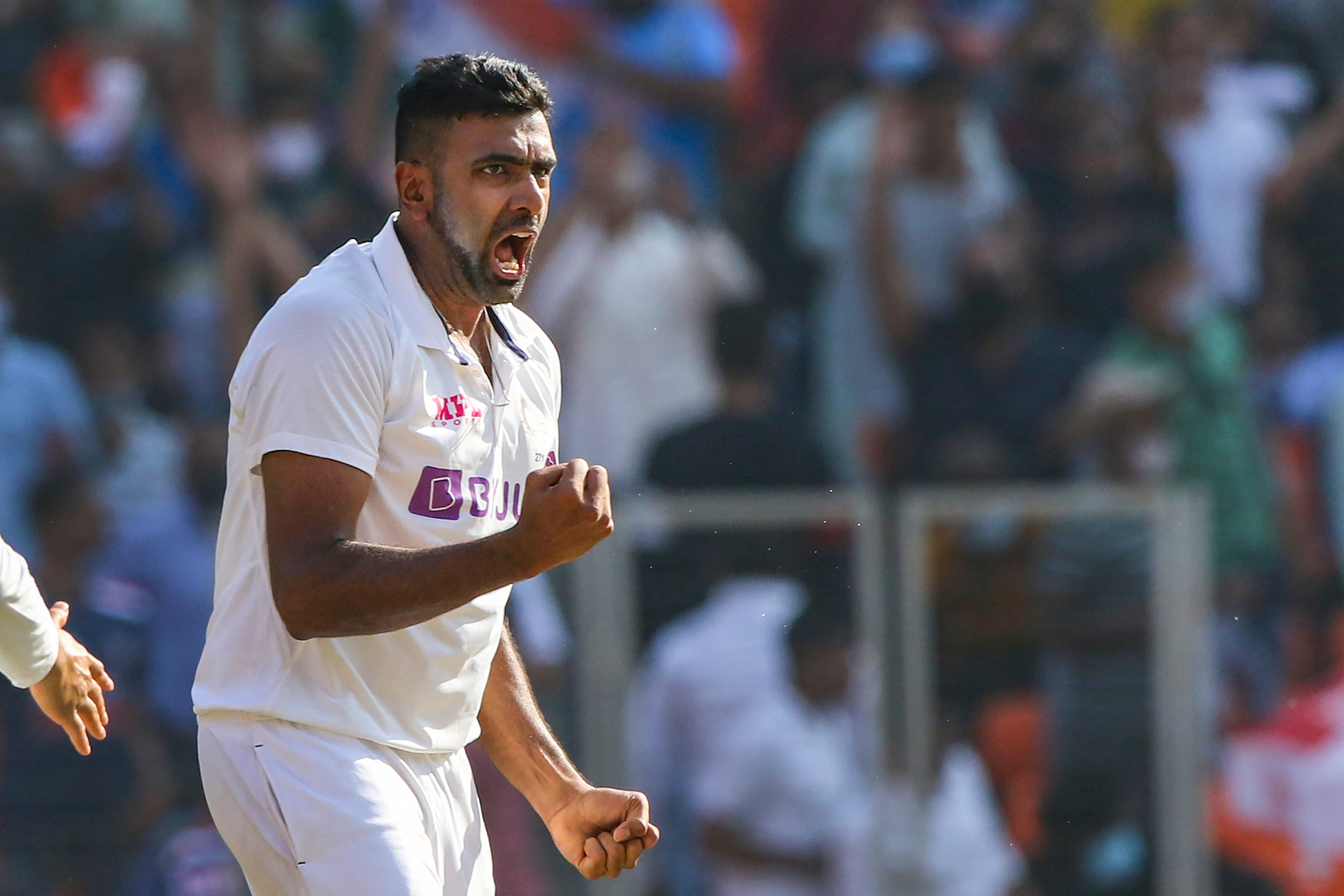 Indian bowler R Ashwin celebrates the dismissal of England's J Leach on the first day of the 3rd cricket test match between India and England, at Narendra Modi Stadium in Ahmedabad, Wednesday, Feb. 24, 2021. Credit: PTI Photo