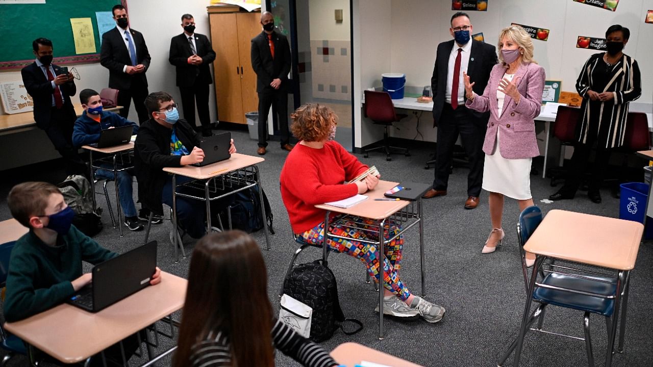 First lady Jill Biden speaks to students as she and Education Secretary Miguel Cardona tour Fort LeBoeuf Middle School in Waterford, United States. Credit: AP/PTI Photo