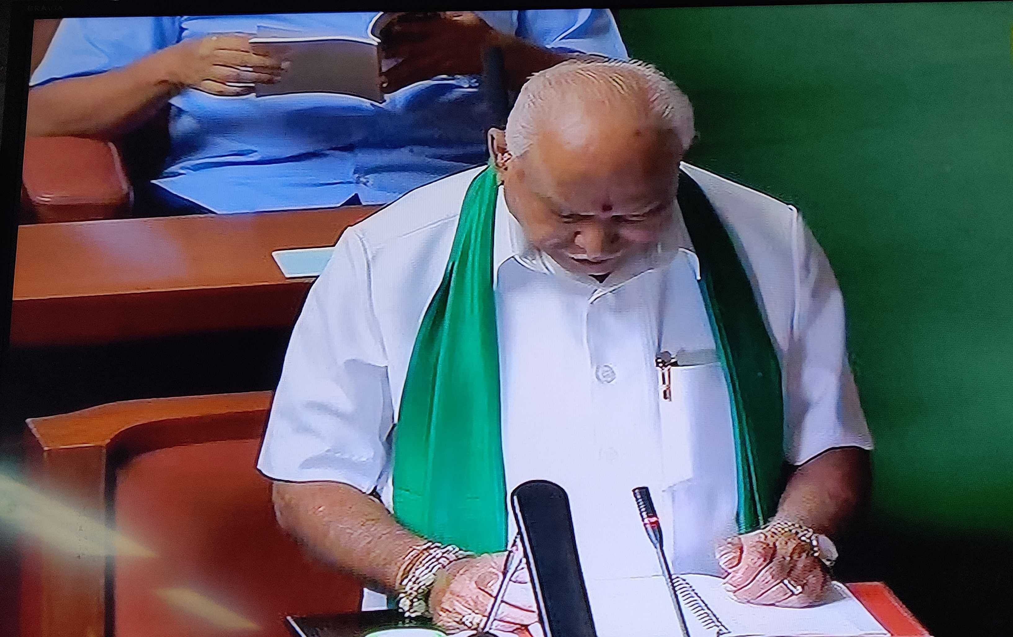 Karnataka state Budget presentation in the state Assembly by B S Yediyurappa. Credit: Screenshot/DD Chandana