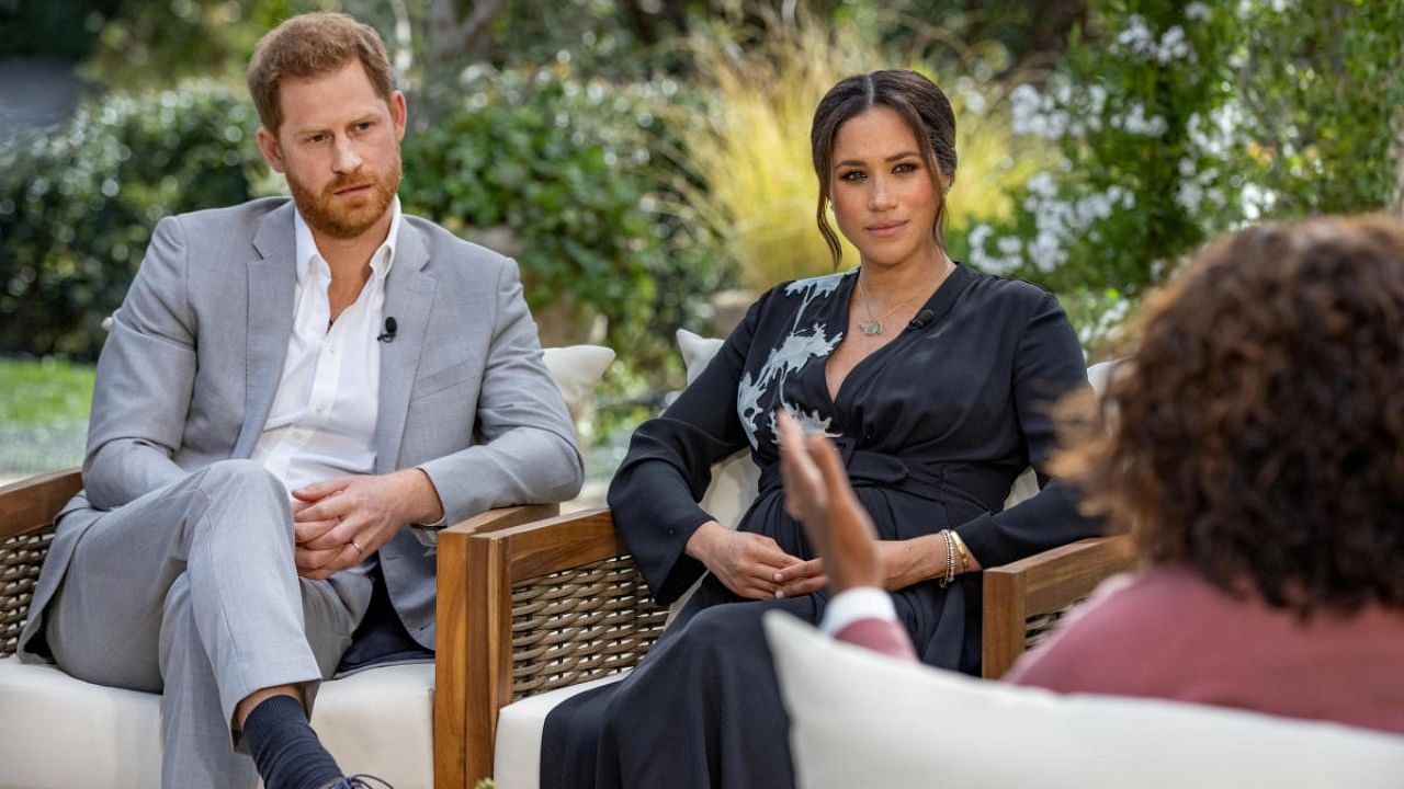 Britain's Prince Harry and Meghan, Duchess of Sussex, are interviewed by Oprah Winfrey in this undated handout photo. Credit: Reuters/arpo Productions/Joe Pugliese/Handout.