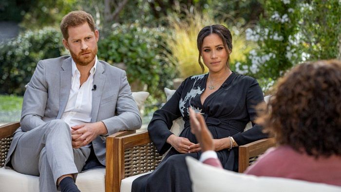 Britain's Prince Harry and Meghan, Duchess of Sussex, during a tell-all interview on the Royal family with Oprah Winfrey. Credit: Reuters Photo