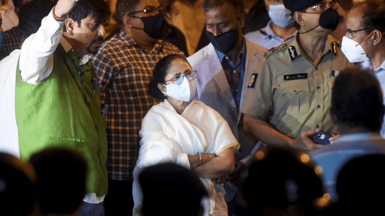 Chief Minister Mamata Banerjee at the site where a fire broke out at the 12th floor of a multi-storeyed building at Strand Road area, in Kolkata, Monday, March 8, 2021. Credit: PTI Photo