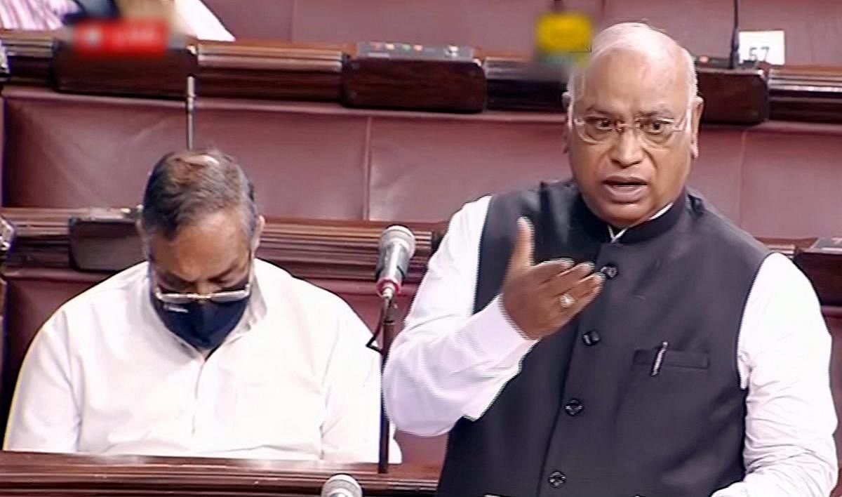 A video grab of Congress MP Mallikarjun Kharge speaking in the Rajya Sabha during ongoing Budget Session of Parliament, in New Delhi on Monday. Credit: RSTV/PTI Photo 