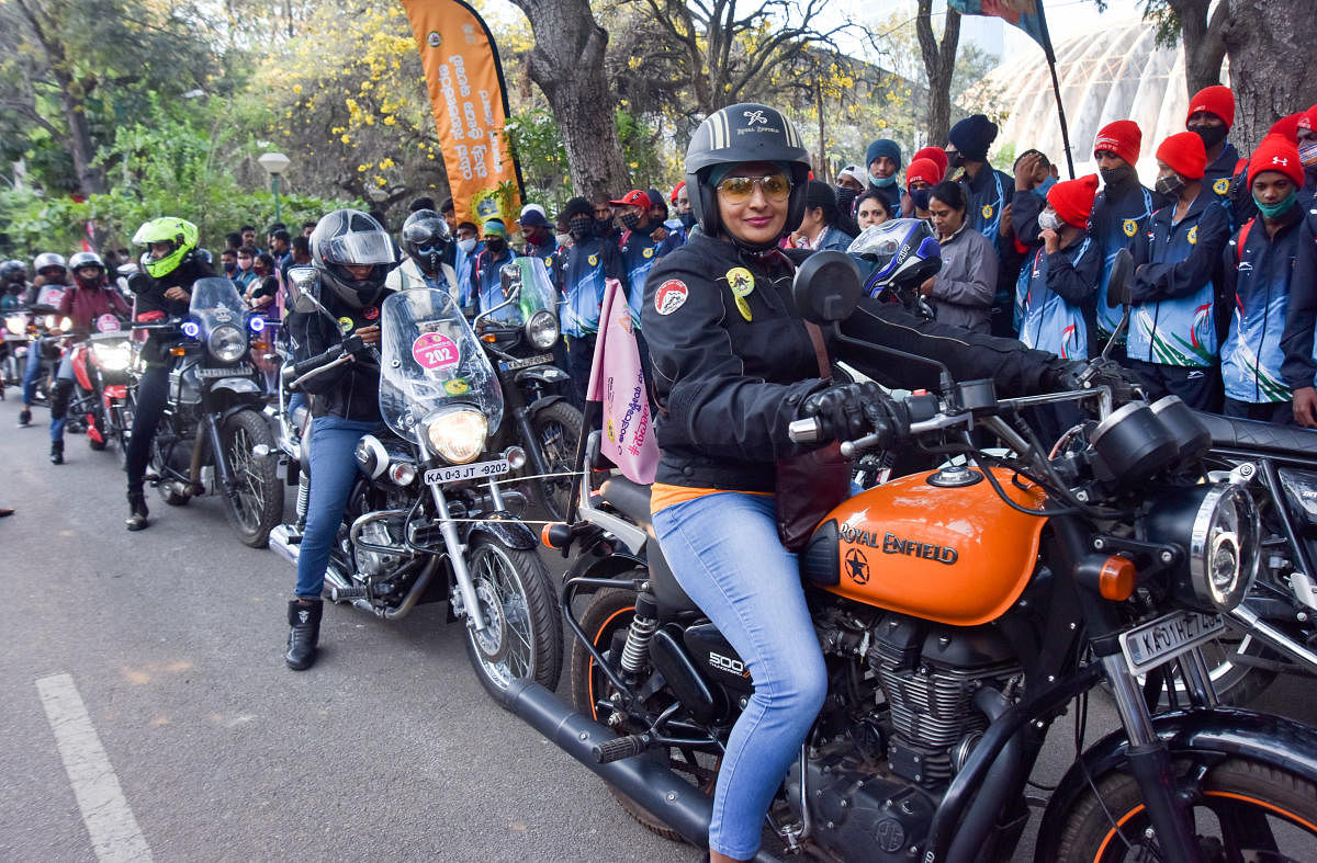 Women participate in a motorbike rally organised by the Department of Youth Empowerment and Sports at Sree Kanteerava Stadium on Women's Day. DH PHOTO/Irshad Mahammad