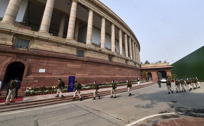 Security personnel patrol the premises of Parliament House complex. Credit: PTI File Photo