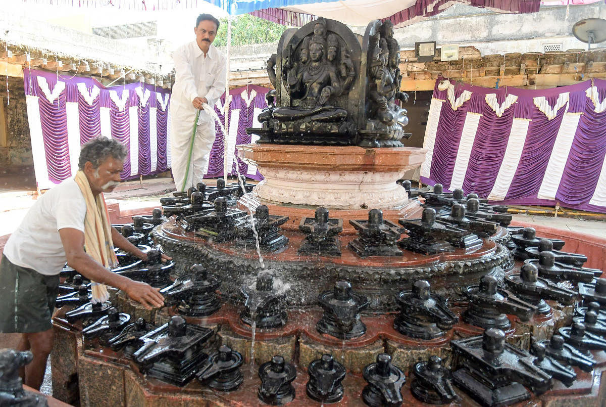 101 Shivalingas at Gurukula were cleaned on Wednesday as part of Mahashivaratri, scheduled for Thursday. DH PHOTO