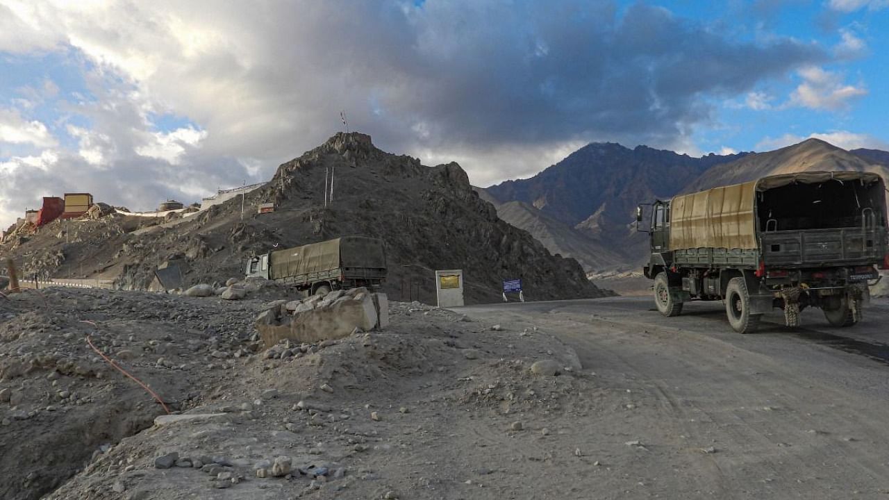 Army vehicles moving towards Line of Actual Control (LAC) amid border tension with China, in Leh. Credit: PTI file photo.
