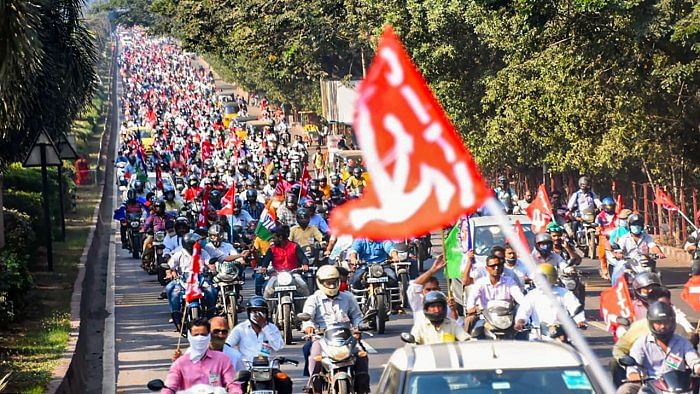 Visakhapatnam Steel Plant employees take part in a massive bike rally to protest against the move to privatise the steel plant, in Visakhapatnam. Credit: PTI File Photo