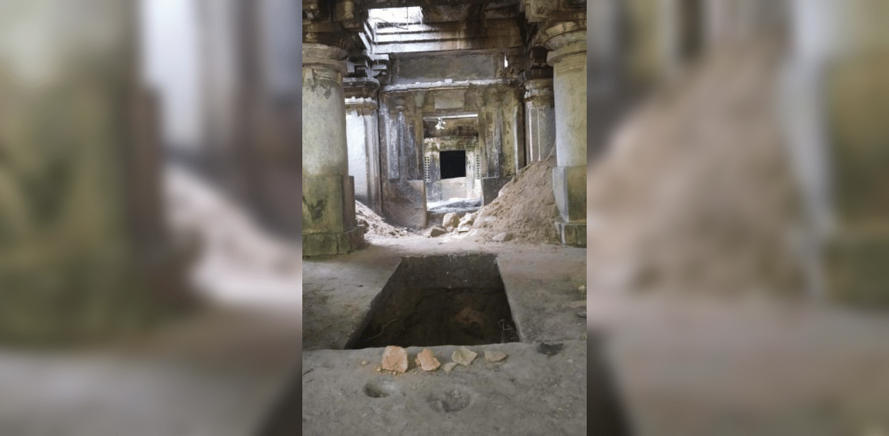 The temple premises dug to find treasure at Thimmanahalli in Alur taluk, Hassan district. DH PHOTO