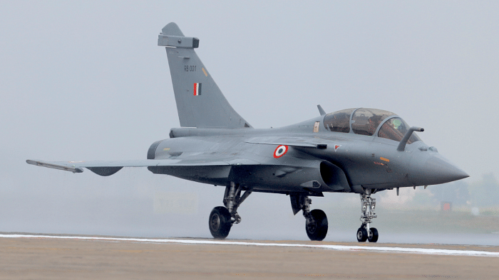Rafale fighter jet on the tarmac during its induction ceremony at an air force station in Ambala, India. Credit: Reuters Photo