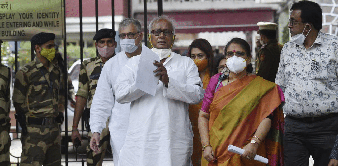 TMC MPs Saugata Roy, Derek O'Brien and Kakoli Ghosh come out of Nirvachan Sadan after meeting the Election Commission of India, in New Delhi. Credit: PTI Photo