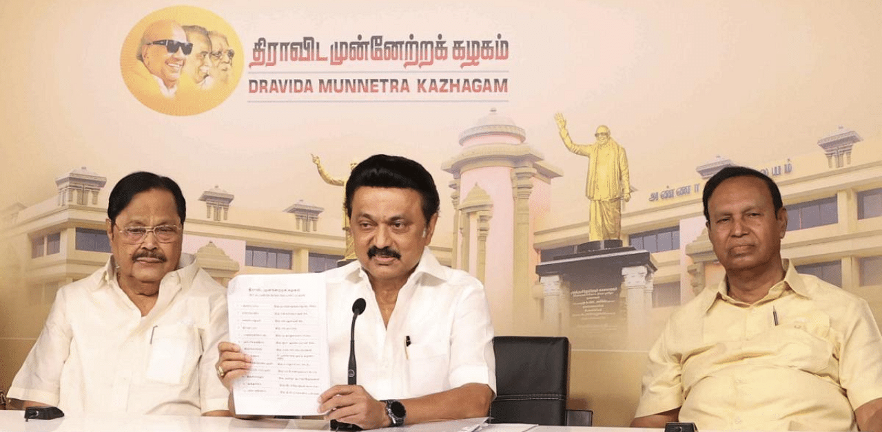 Dravida Munnetra Kazhagam (DMK) president MK Stalin (C) releases his party's candidates list during a press conference, ahead of upcoming Tamil Nadu Assembly elections scheduled to be held in a single phase on April 6 , in Chennai. Credit: PTI Photo
