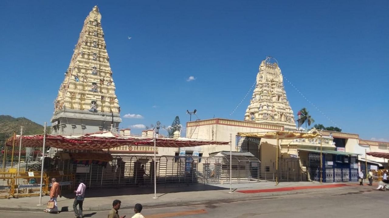 M M Hill temple wore a deserted look, as the district administration had restricted the entry of devotees, at Hanur taluk, Chamarajanagar district on Thursday. Credit: DH Photo