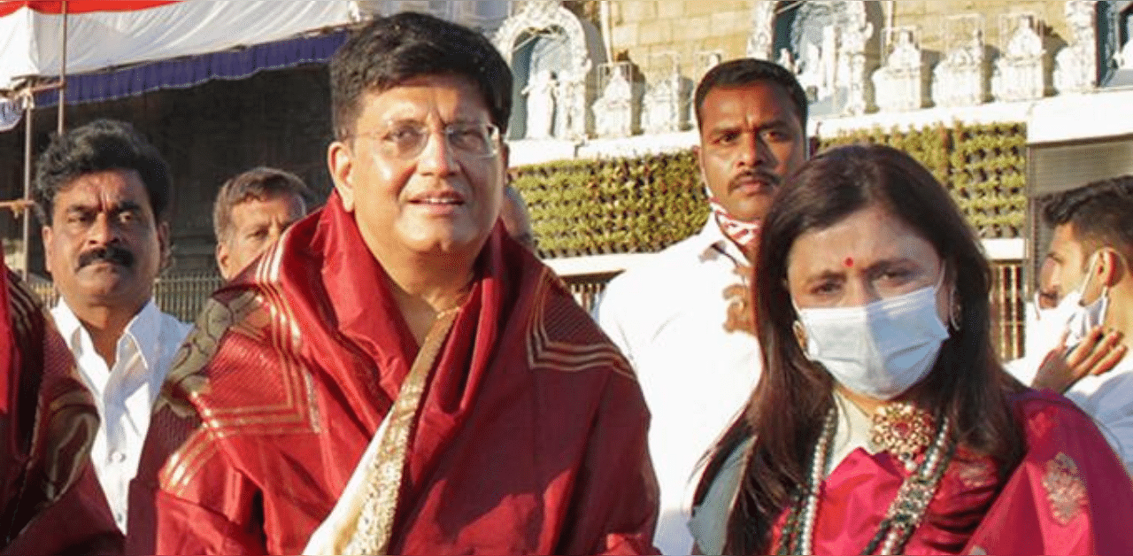 Union Minister for Railways Piyush Goyal along with his wife Seema Goyal at Lord Venkateswara temple, in Tirumala of Tirupati. Credit: PTI Photo