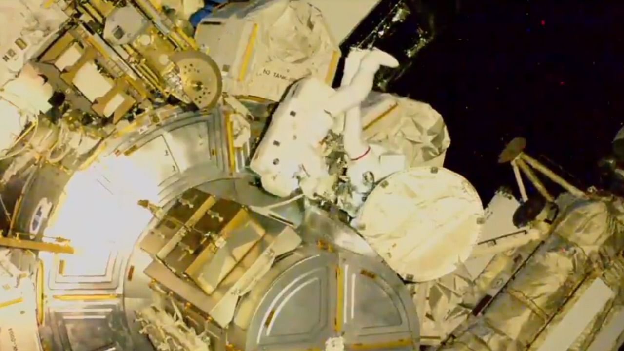 The 1-minute long video features Mike Hopkins in an unmarked suit, joining Victor Glover for their second spacewalk together. Credit: Twitter/@NASA.