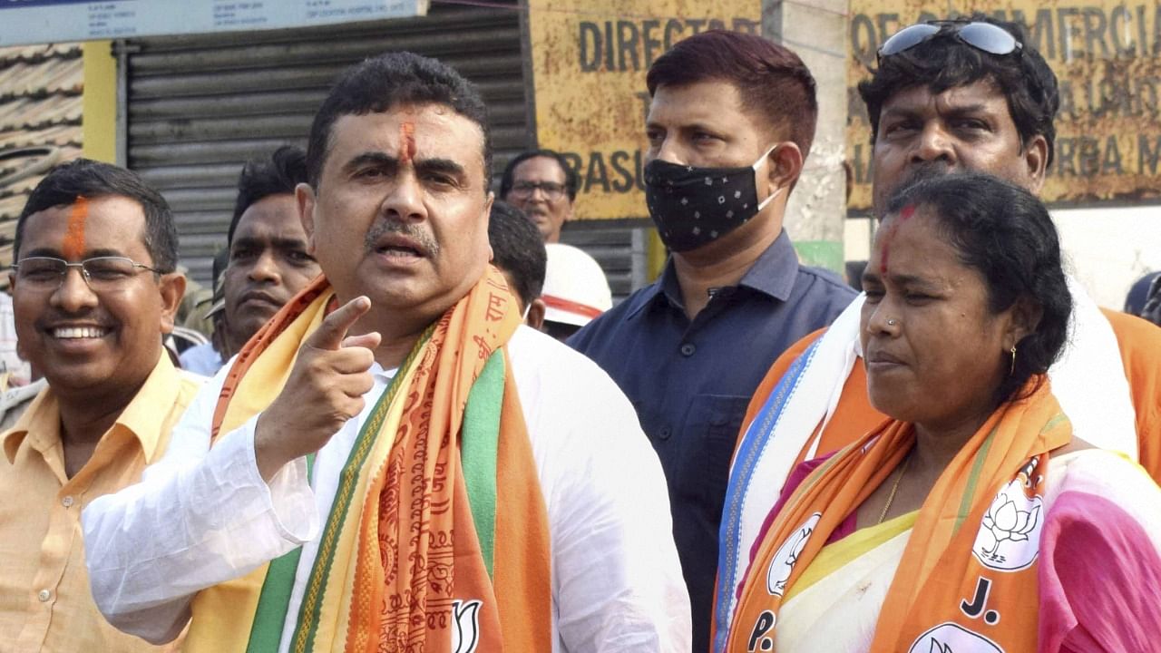 Suvendu Adhikari in Nandigram to file his nomination for the upcoming assembly elections. Credit: PTI Photo