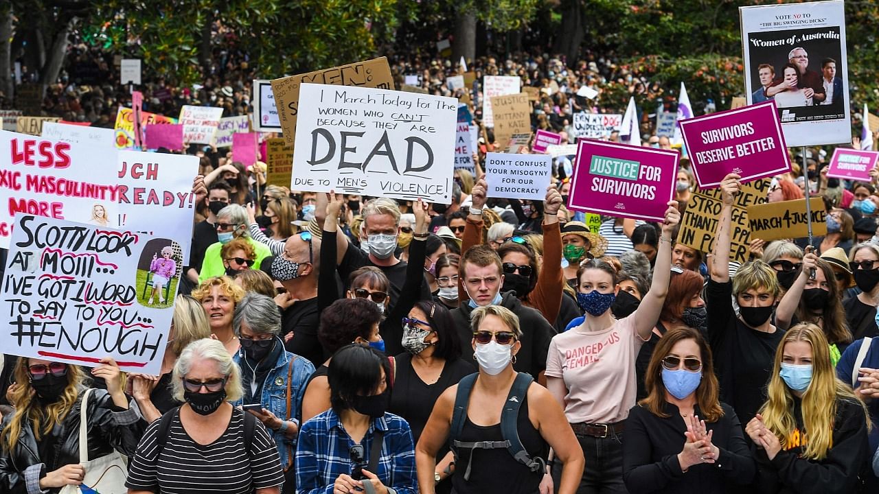 Protesters rally in response to the treatment of women in politics following several sexual assault allegations. Credit: AFP Photo