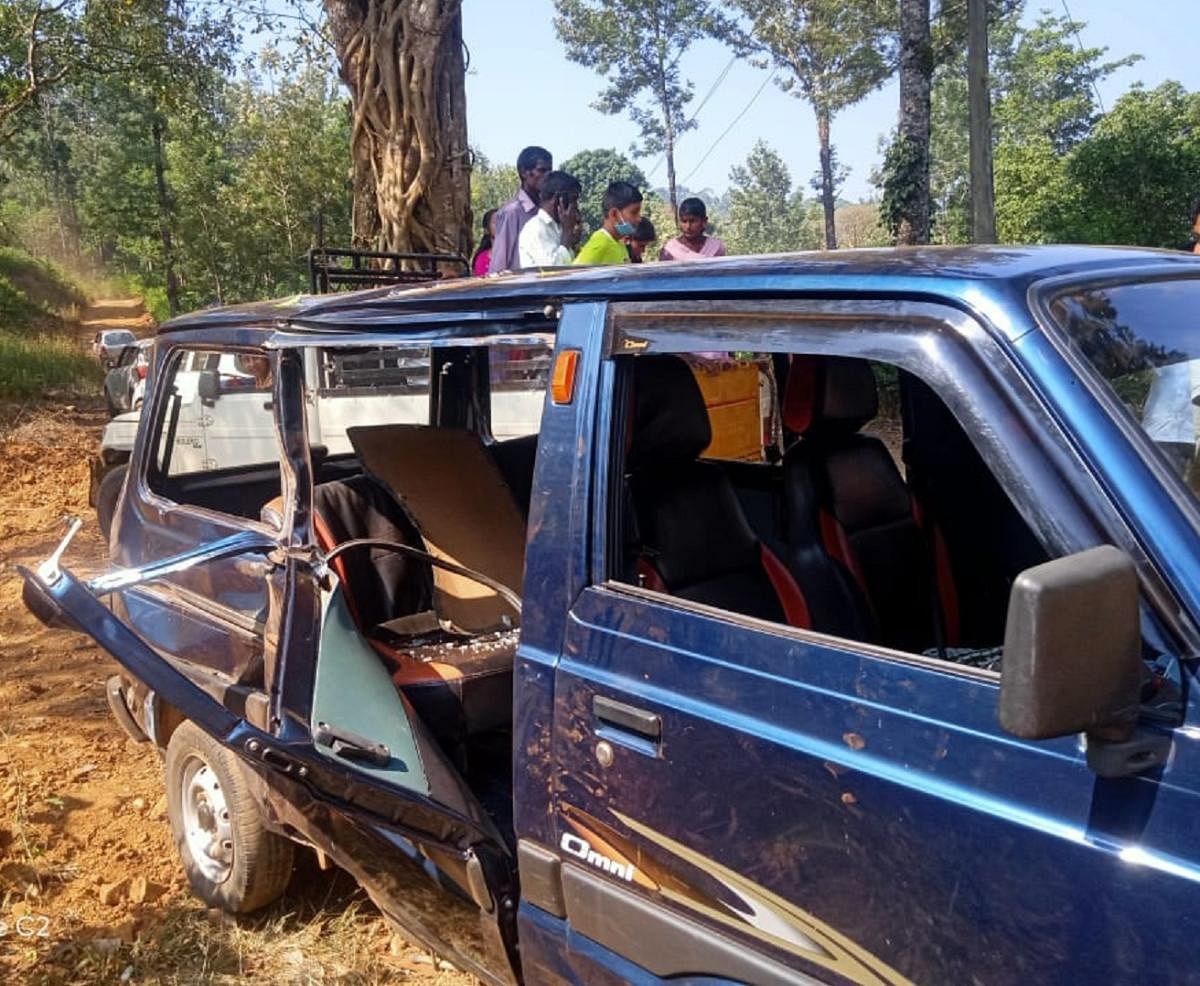 A car was damaged by a wild elephant in Karada village near Virajpet.