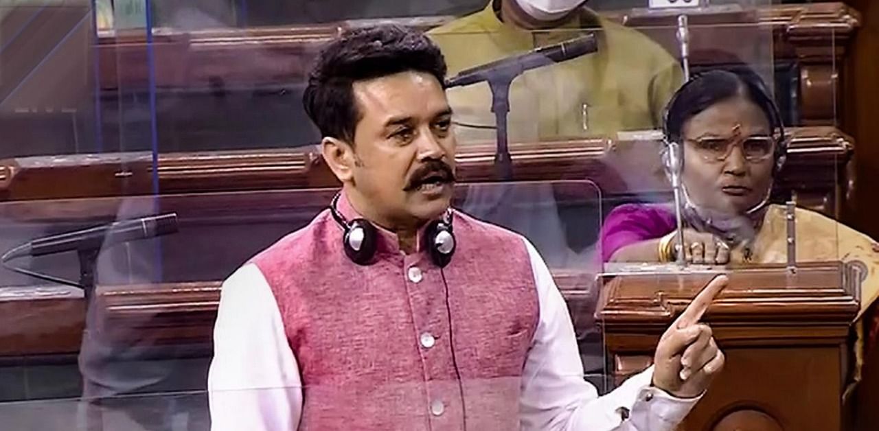  Minister of State for Finance Anurag Thakur speaks in the Lok Sabha during the Budget Session of Parliament, in New Delhi, Monday, March 15, 2021. Credit: PTI Photo