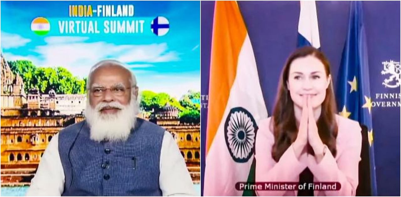 Prime Minister Narendra Modi holds virtual summit with Prime Minister of Finland Sanna Marin, in New Delhi. Credit: PTI Photo