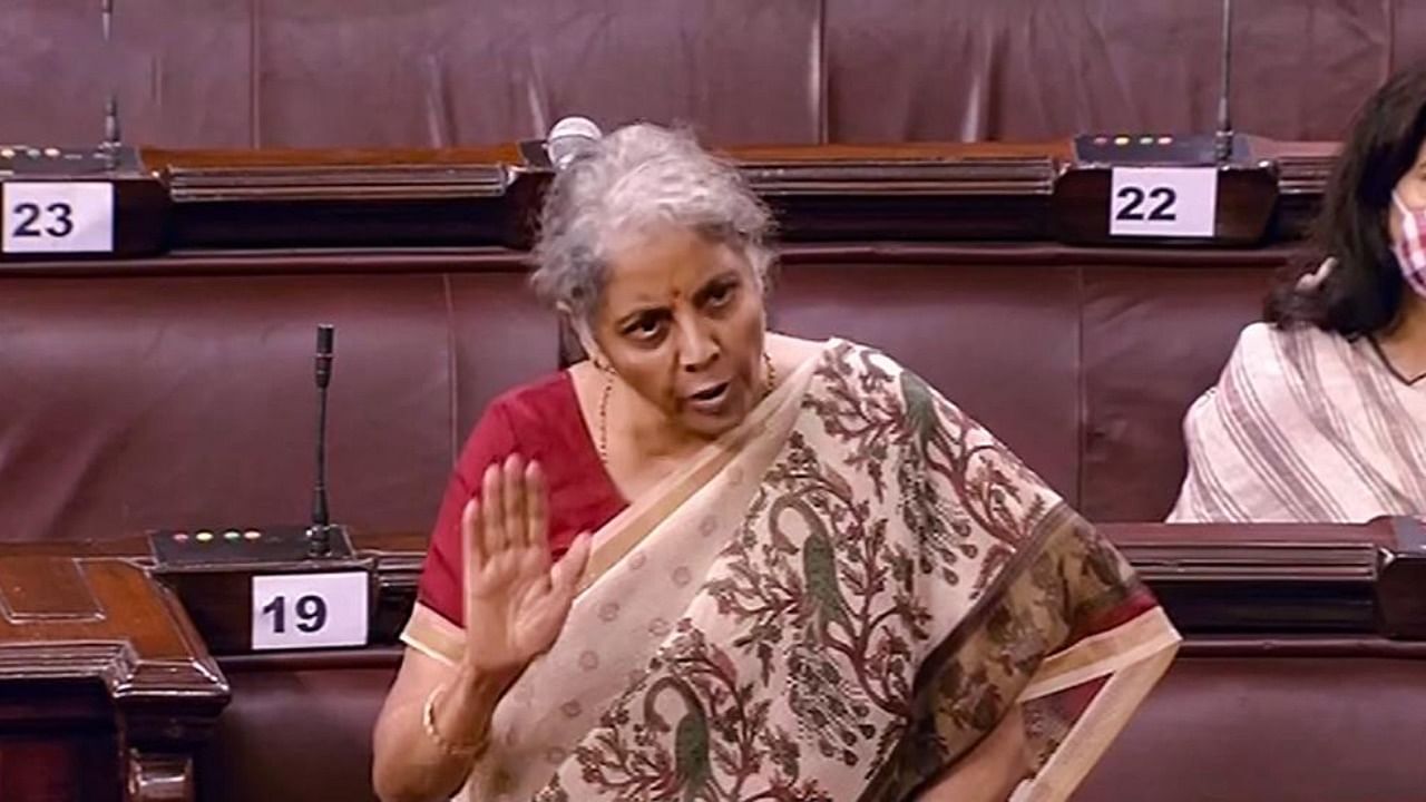 Union Finance Minister Nirmala Sitharaman speaks in the Rajya Sabha, during the Budget Session of Parliament. Credit: PTI.