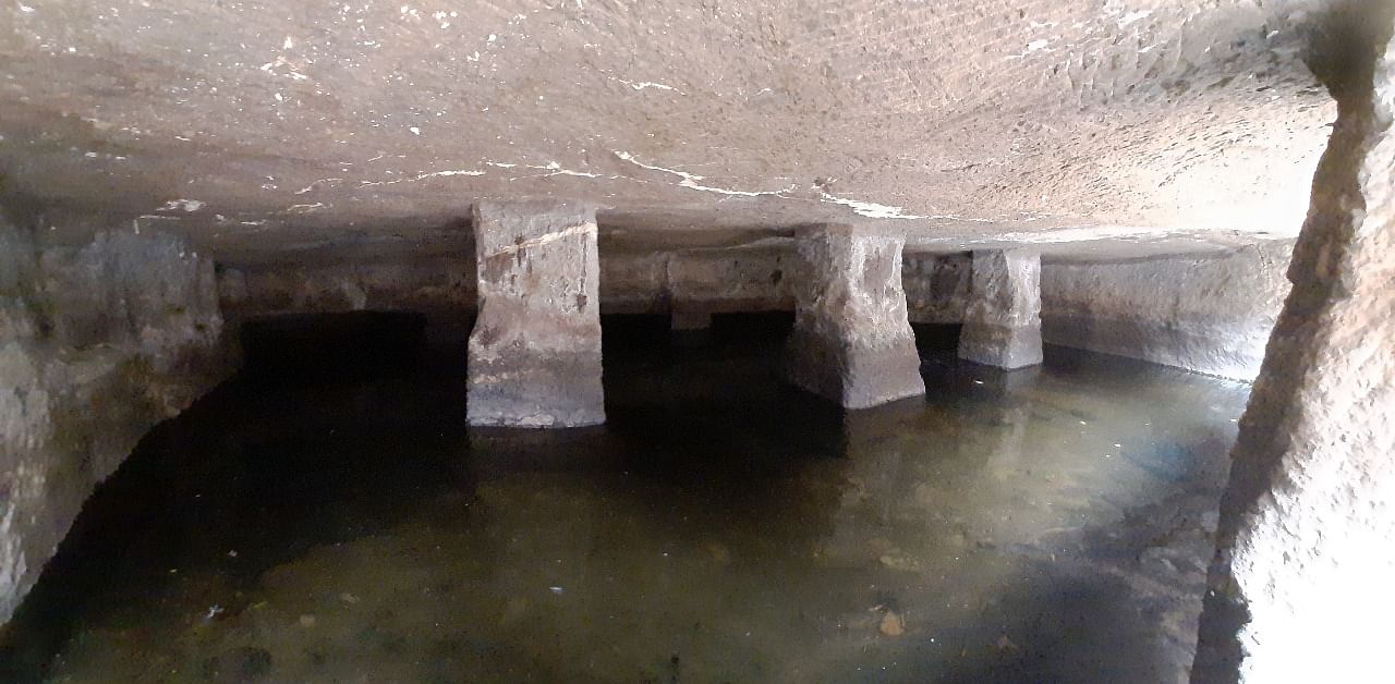 Inside the cave you can see a tank of 8 feet by 2 feet and rock-cut pillars. Credit: Bhujang Bobade