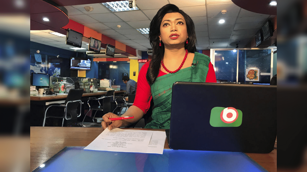 Bangladesh's first transgender news anchor Tashnuva Anan Shishir reads news bulletin , in Dhaka, Bangladesh, Tuesday, March 9, 2021.Credit: AP Photo
