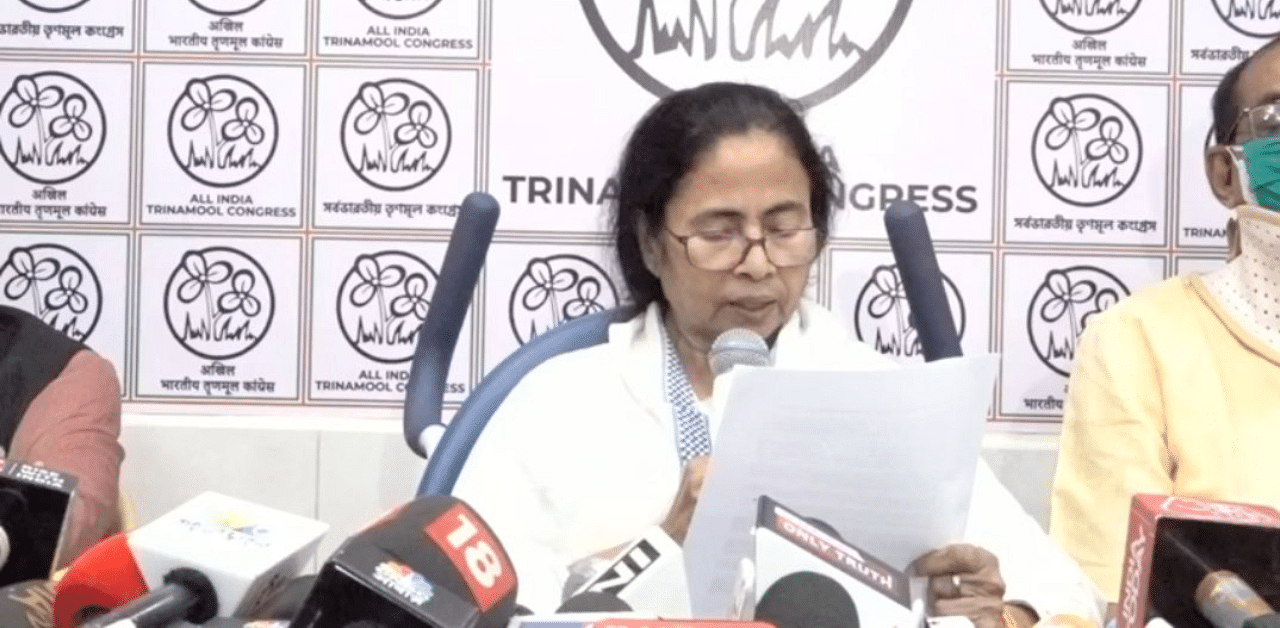 TMC supremo Mamata Banerjee releases party's election manifesto. Credit: Twitter/@BanglarGorboMB