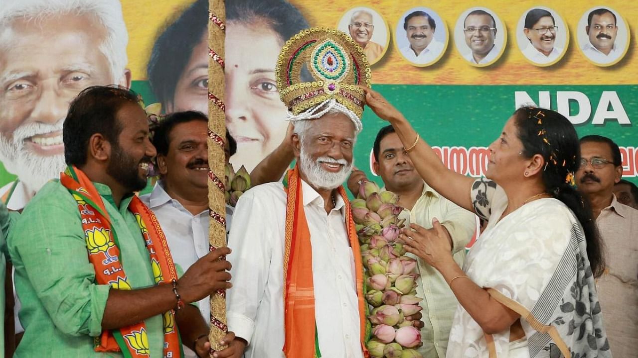 Rajasekharan, who submitted nomination papers on Wednesday, expressed confidence about his victory and said the BJP would surely retain the seat. Credit: PTI file photo.