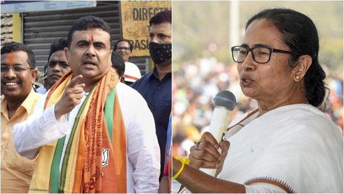 BJP's Suvendu Adhikari and TMC's Mamata Banerjee. Credit: PTI Photo