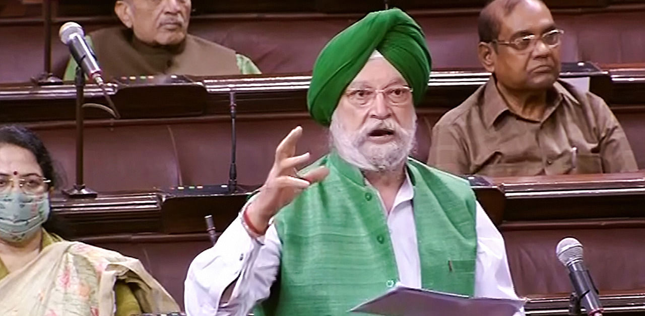 Union Minister Hardeep Singh Puri speaks in Rajya Sabha. Credit: PTI Photo
