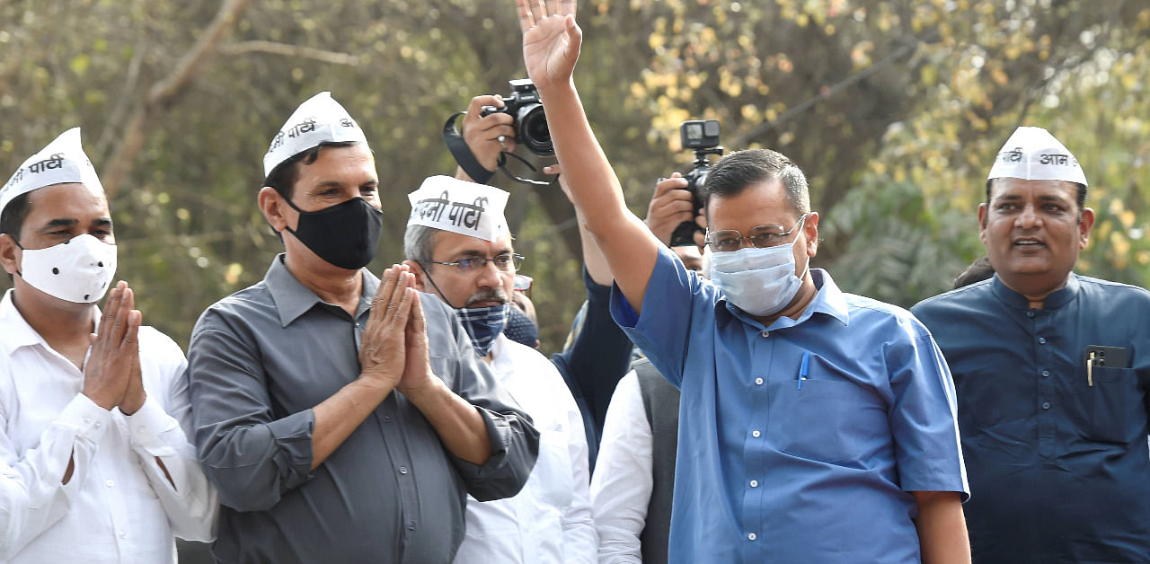 Delhi Chief Minister Arvind Kejriwal arrives to address a protest against the Government of NCT Delhi (Amendment) Bill 2021, at Jantar Mantar. Credit: PTI Photo