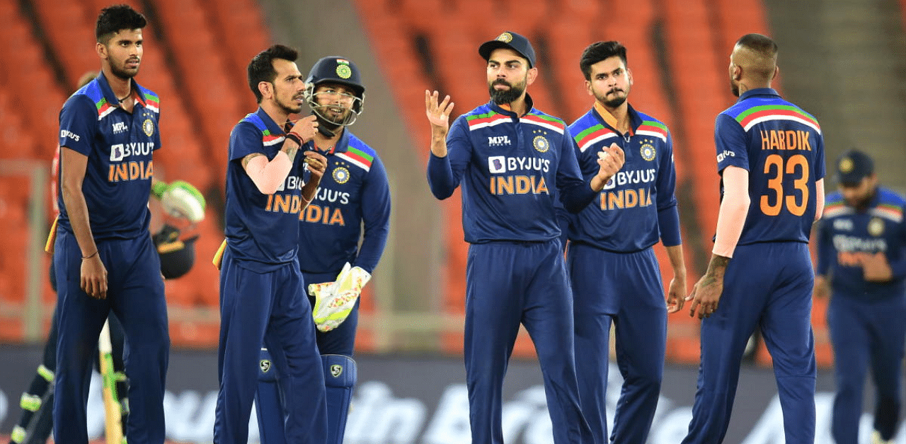 Team India during the third T20I against England. Credit: PTI photo. 