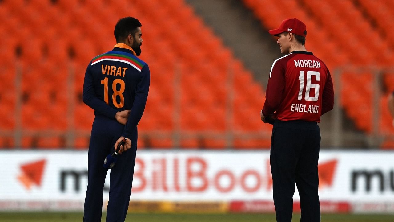 India's captain Virat Kohli (L) and England's captain Eoin Morgan. Credit: AFP Photo