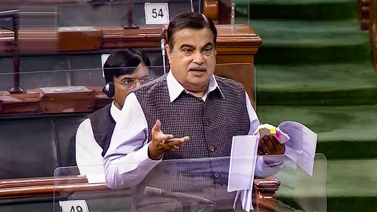 Union Minister for Road, Transport and Highways Nitin Gadkari speaks in Lok Sabha during the ongoing Budget Session of Parliament, in New Delhi, Thursday, March 18, 2021. Credit: LSTV/PTI Photo