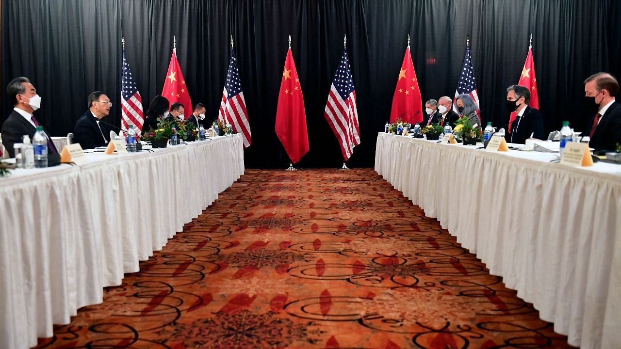 US Secretary of State Antony Blinken (2nd R), joined by National Security Advisor Jake Sullivan (R), speaks while facing Yang Jiechi (2nd L), director of the Central Foreign Affairs Commission Office, and Wang Yi (L), China's Foreign Minister at the opening session of US-China talks at the Captain Cook Hotel in Anchorage, Alaska. Credit: AFP Photo