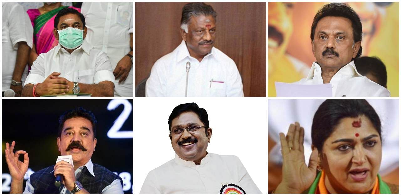 (Clockwise from top left) Tamil Nadu Chief Minister Edappadi K. Palaniswami, Deputy Chief Minister O Pannerselvam, M K Stalin, Khushbu Sundar, TTV Dinakaran and Kamal Haasan. Credit: Agency Photos