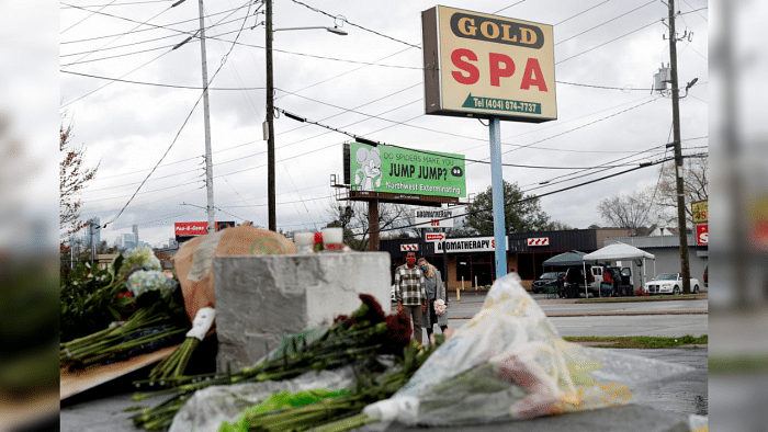 A makeshift memorial outside Gold Spa following the deadly shootings in Atlanta, Georgia, U.S. March 18, 2021. Credit: Reuters Photo