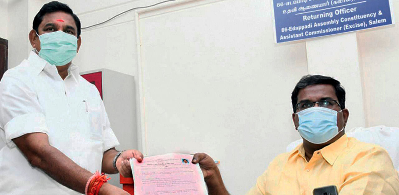 Tamil Nadu Chief Minister Edappadi K Palaniswami files his nomination from his native Edappadi Assembly constituency. Credit: PTI Photo