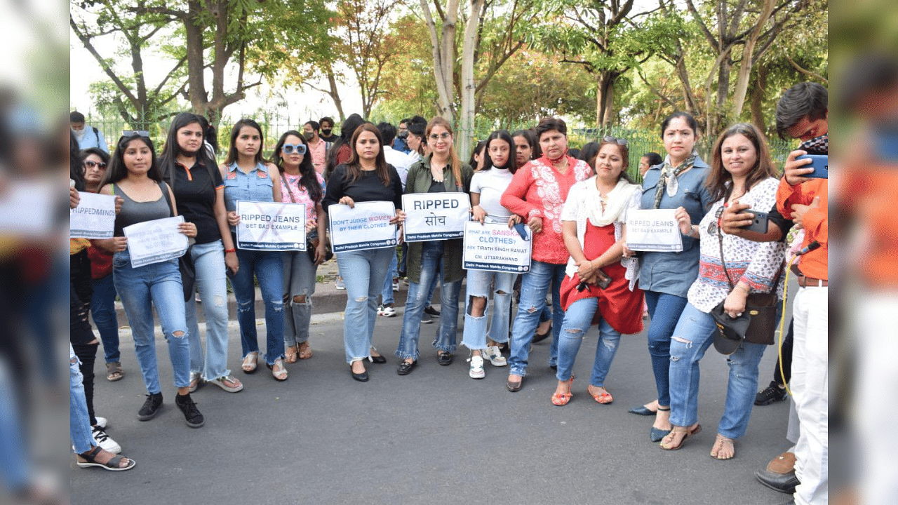 The protest themed 'torn jeans, visible knees do not guard my thinking' was led by Delhi Mahila Congress president Amrita Dhawan and was held at Connaught Place. Credit: Twitter/@DelhiPMC