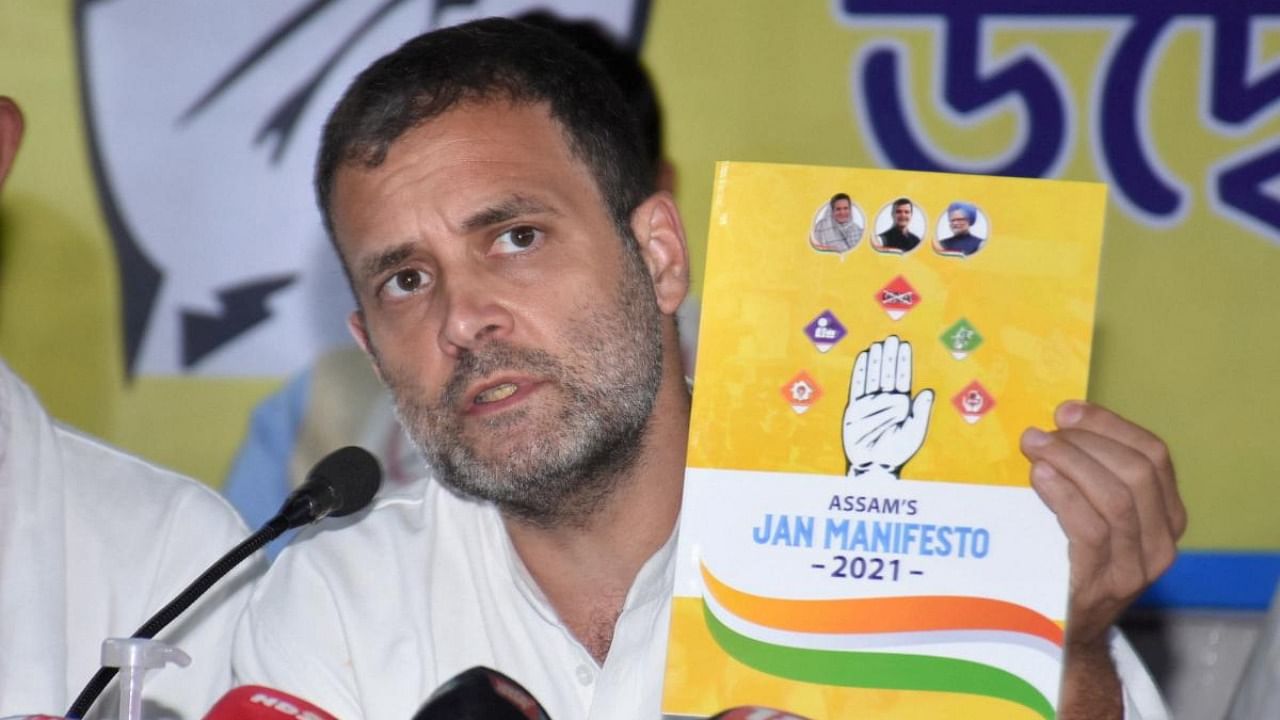 Congress leader Rahul Gandhi releases party's manifesto for the upcoming Assembly Elections Polls, at APCC Headquarters in Guwahati. Credit: PTI.