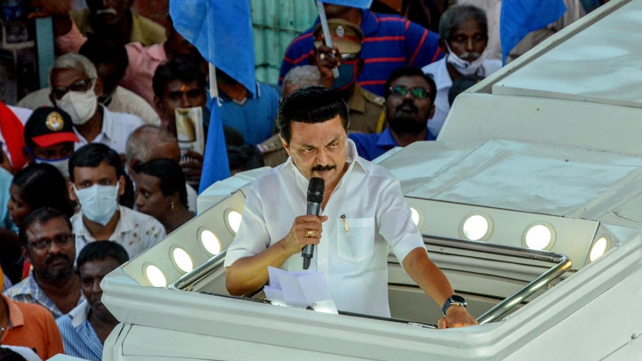 DMK President MK Stalin addresses during an election campaign rally in support of his alliance candidates, ahead of Tamil Nadu assembly polls, in Tirunelveli. Credit: PTI.