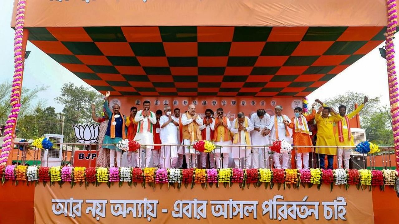 Union Home Minister and BJP leader Amit Shah during an election campaign rally, ahead of West Bengal assembly polls, at Egra in Purba Medinipur district. Credit: PTI.