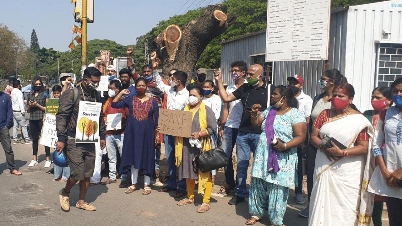 Citizens and green activists staged a protest at the Suranjan Das Road junction on Sunday. Credit: DH Photo