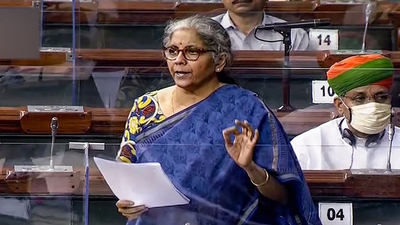 Finance Minister Nirmala Sitharaman speaks in the Lok Sabha, during the Budget Session of Parliament, in New Delhi, Monday, March 22, 2021. Credit: LSTV/via PTI